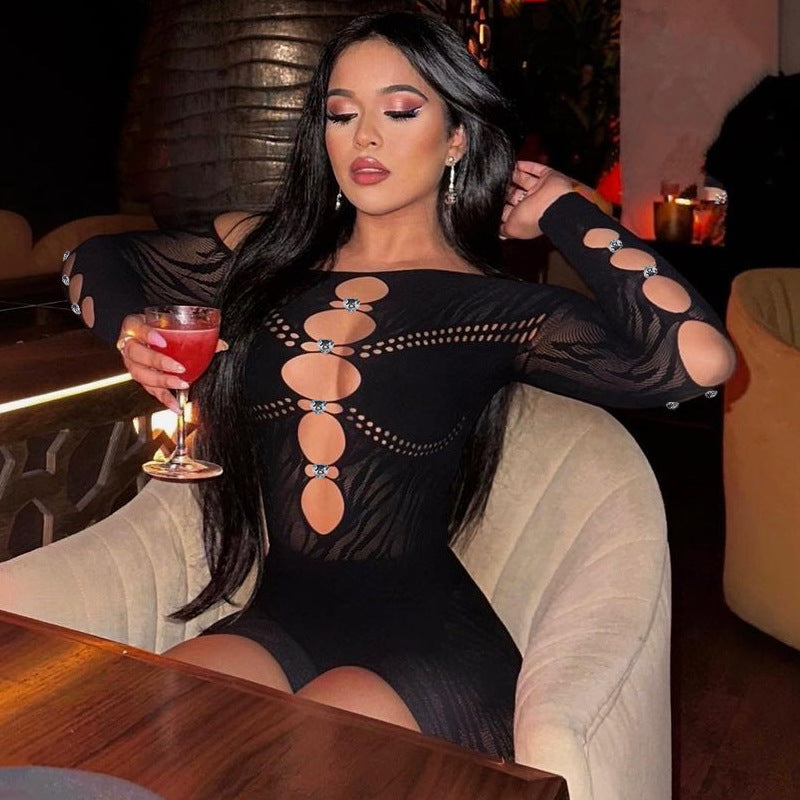 Color Diagonal Shoulder Long Sleeve Diamond Hollow Out Cutout Slim Fit Romper