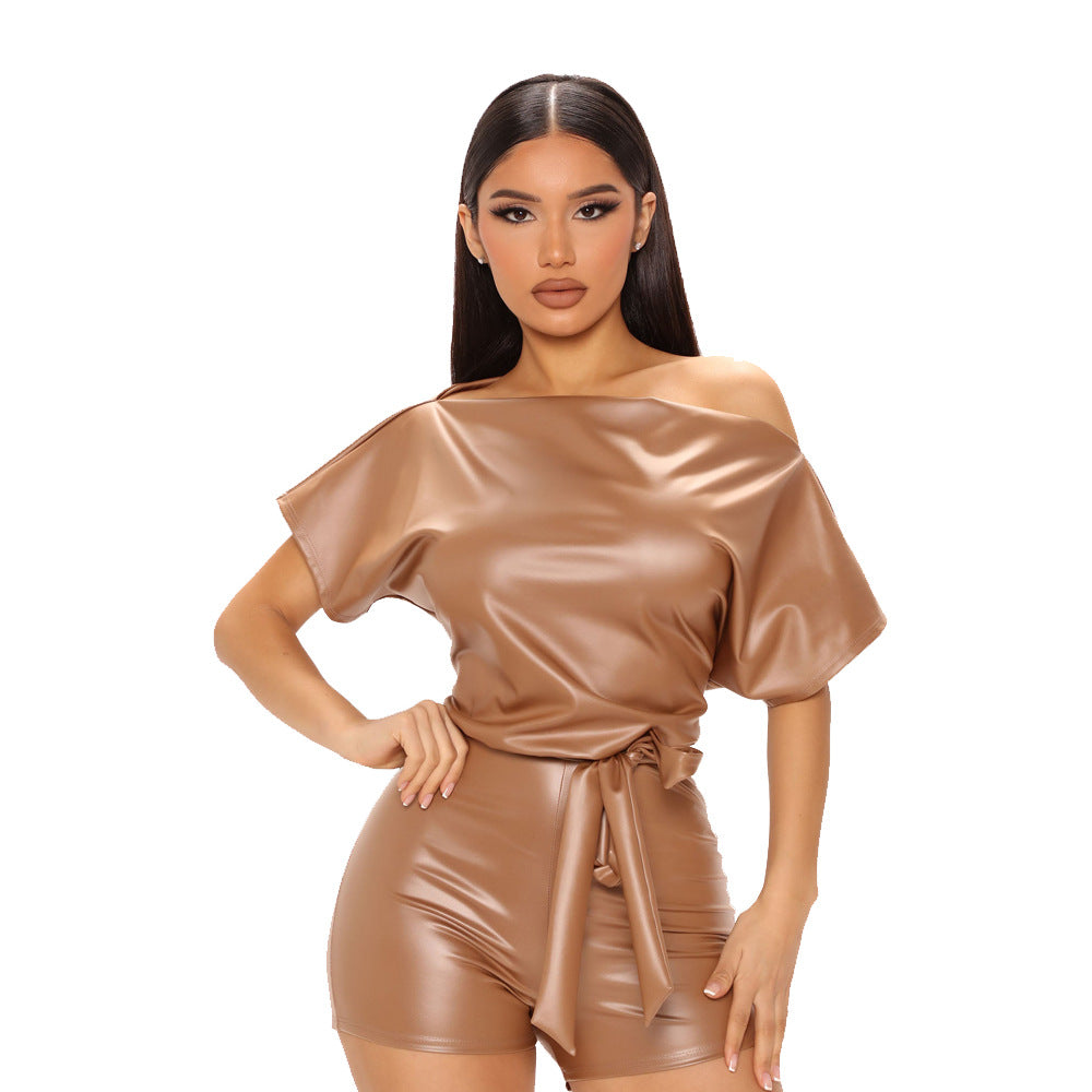 Summer Off-the-shoulder Faux Leather Romper