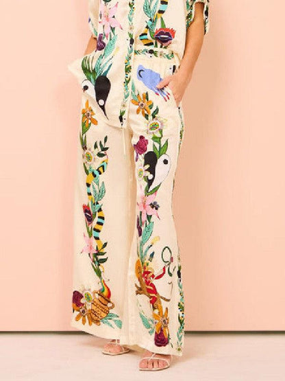 Graffiti Print Satin Short Sleeve Shirt & Pant Coord Set