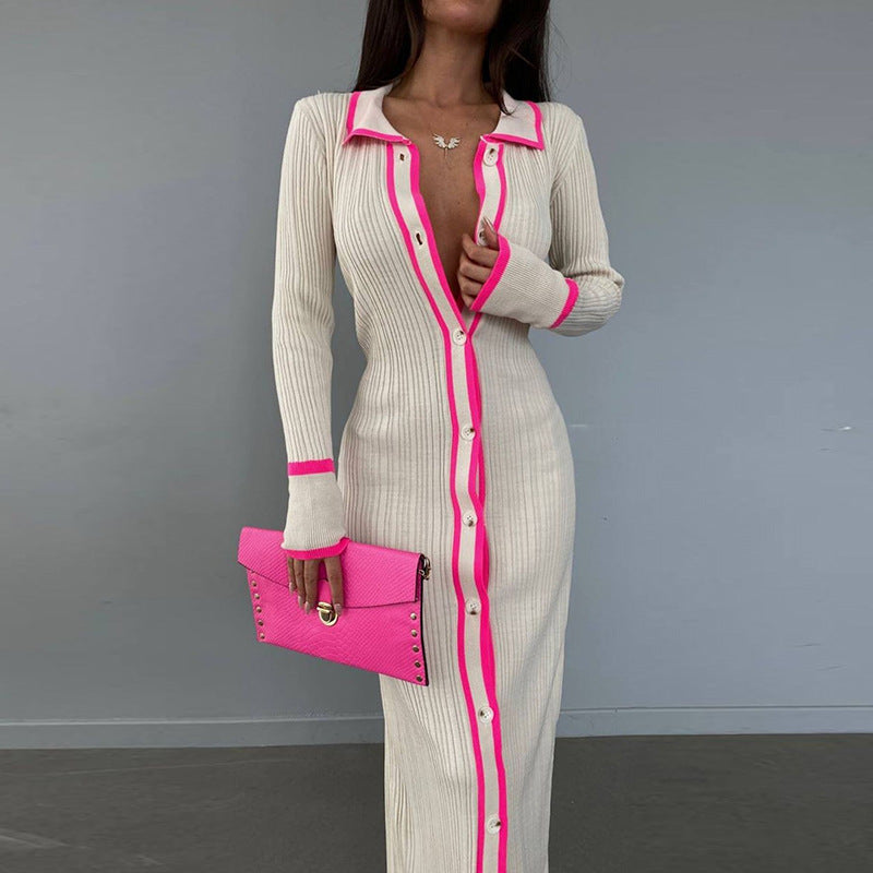 Slim Collared Patchwork Long Sleeved Cardigan Dress