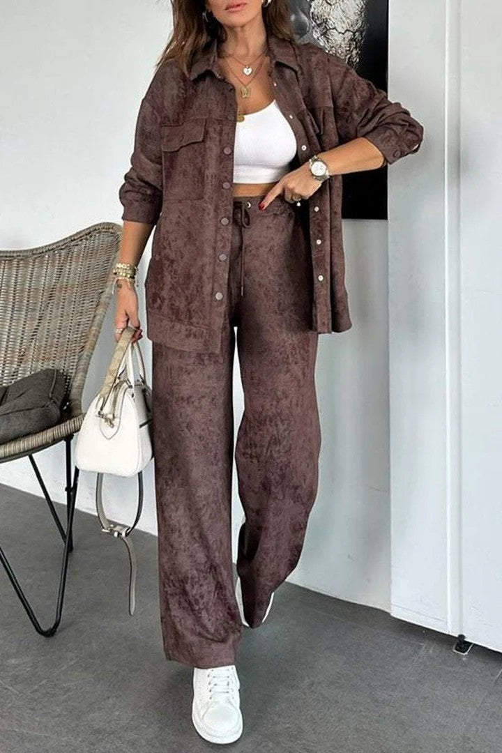 Tie Dye Collared Pocket Shirt Drawstring Wide Leg Pants Set