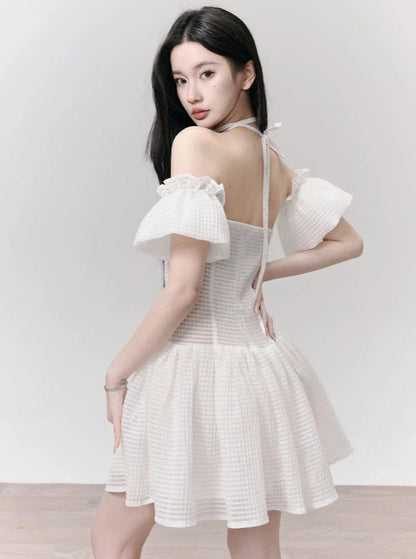 White Eyelet Lace Off-shoulder Mini Dress With Choker Neck Detail