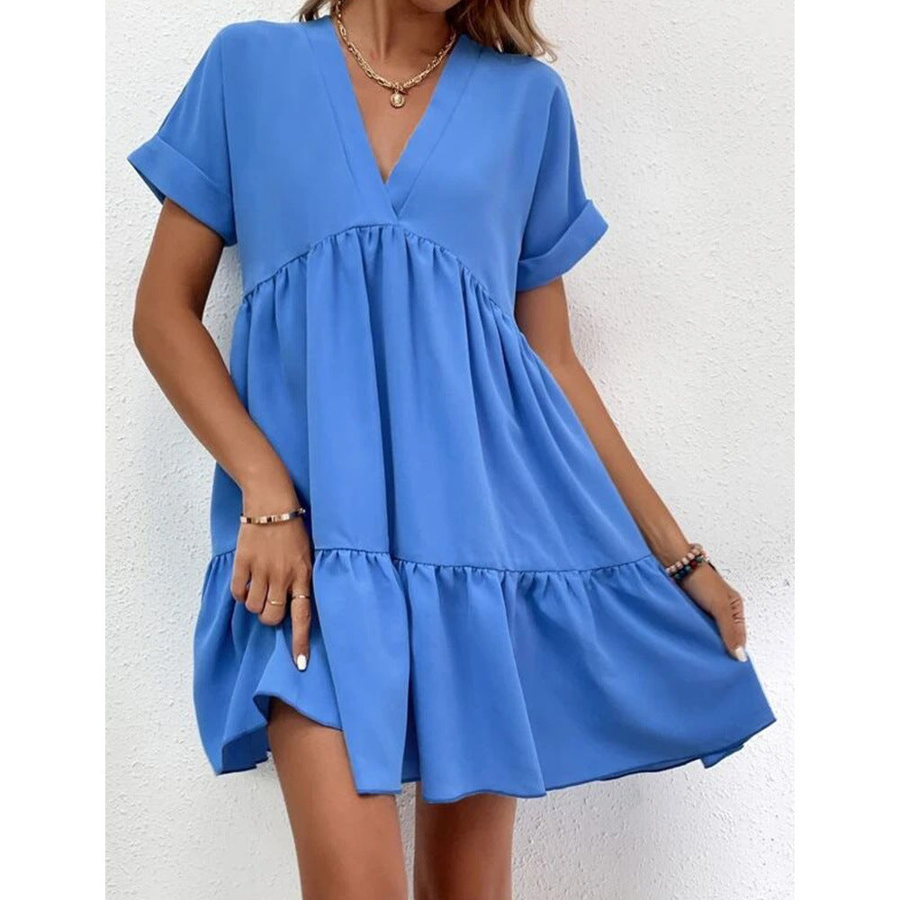 Color Loose Waist Midi Dress V Neck Dress for