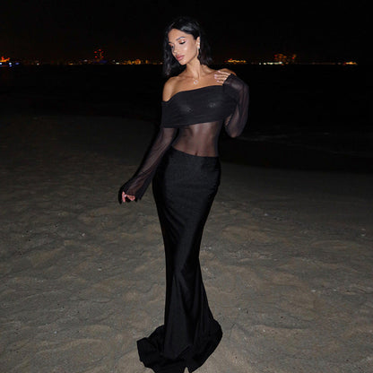 Fall Maxi Dress Slim Off Shoulder Mesh Dress