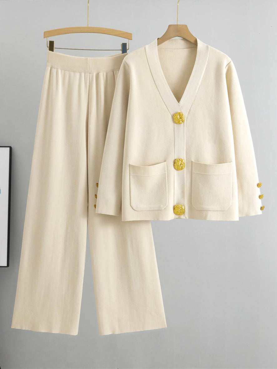 Knitted Cardigan Sweater Two Piece Set - Apricot
