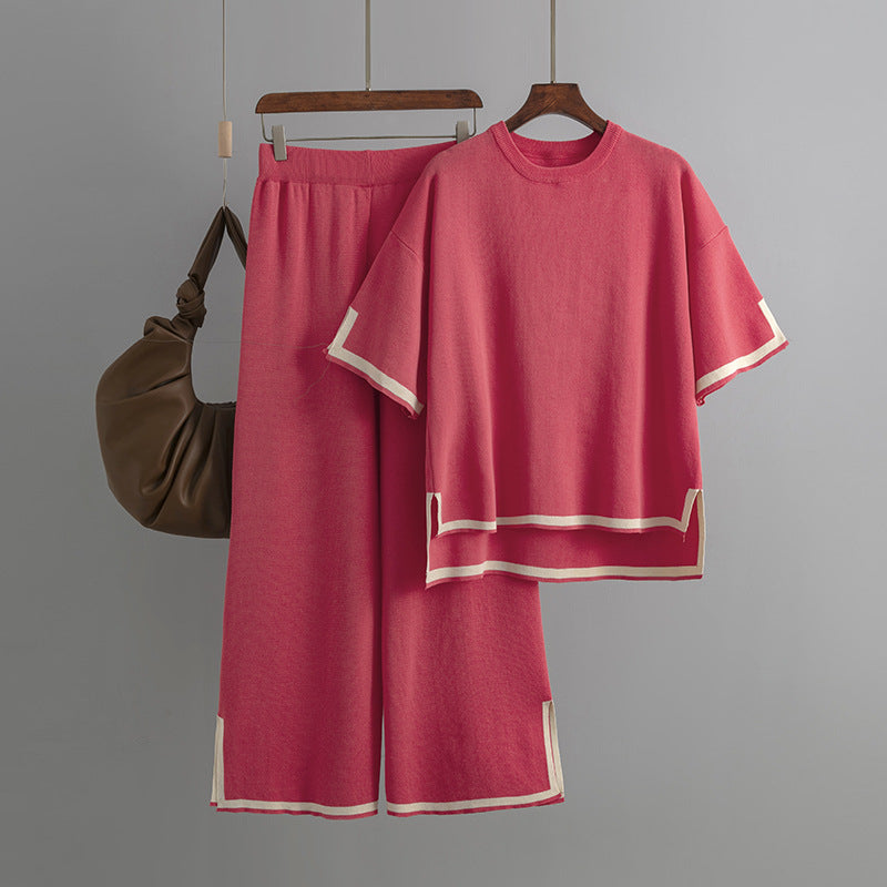 Outfit Contrast Color Split Short Sleeve Sweater High Waist Slimming Wide Leg Pants Trousers Two Piece Set