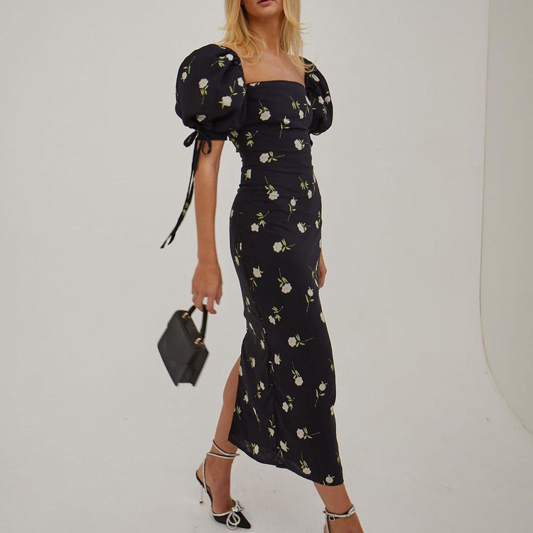 French Clothing Summer Holiday Dress Puff Sleeve Off Neck Slim Fit Long Dress