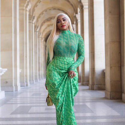 Clothing Autumn Winter Mesh Top Pleating Slim Fit Maxi Dress Two Piece Set