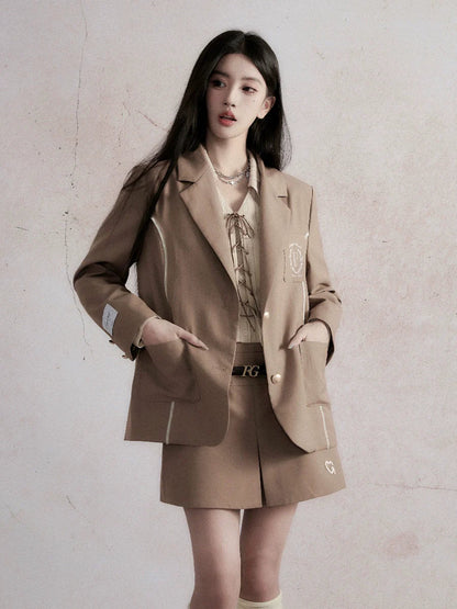 Fragile Heart Preppy Ensemble: Olive Mini Skort, Cream Lace-up Blouse, and Tailored Khaki Blazer Set