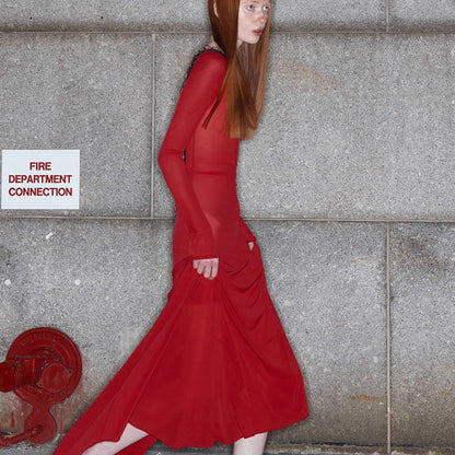 Autumn Clothing Mesh Backless Lace Up Long Sleeve Super Maxi Dress for