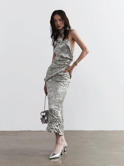 Jnylon Studio Metallic Crinkle One-shoulder Maxi Dress - Silver Textured Evening Gown With Asymmetric Strap