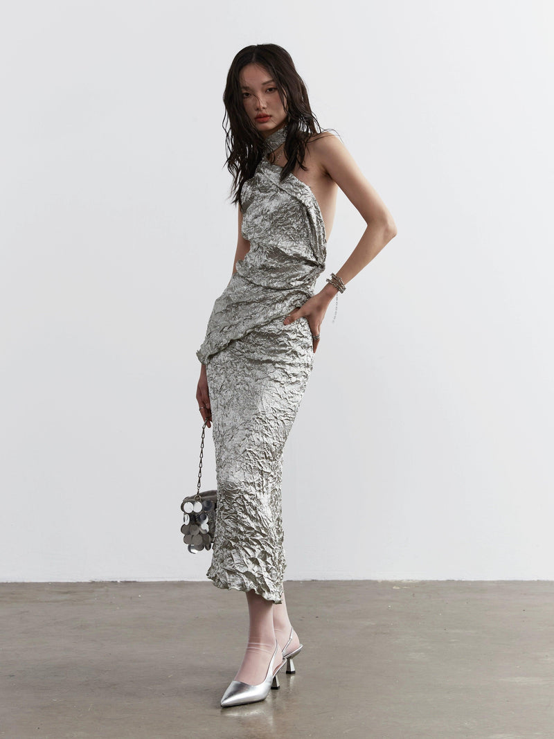 Jnylon Studio Metallic Crinkle One-shoulder Maxi Dress - Silver Textured Evening Gown With Asymmetric Strap
