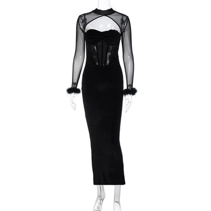 Winter Clothing Plush Mesh Stitching Night Club Hollow Out Cutout Maxi Dress Slim Dress
