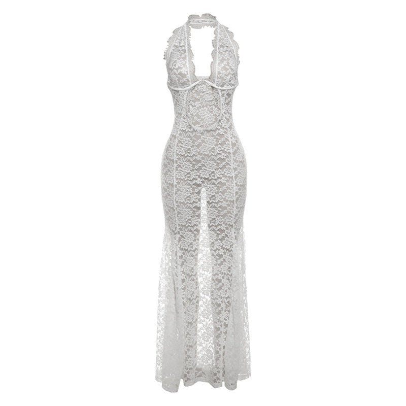 Summer Lace Hollow Out Cutout Out Halter Maxi Dress Backless Color Dress