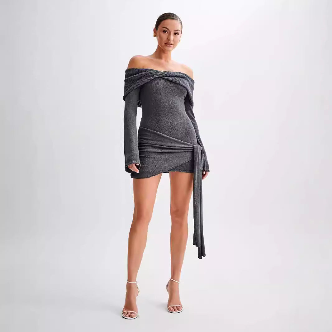 Sidony - Waist Knot Off-shoulder Knitted Mini Dress