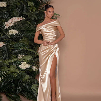 Mercerized Off the Shoulder Gown Split Dress Socialite Clothing Split Maxi Dress