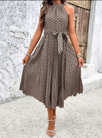 Patterned Sleeveless Halterneck Midi Dress With Waist Tie