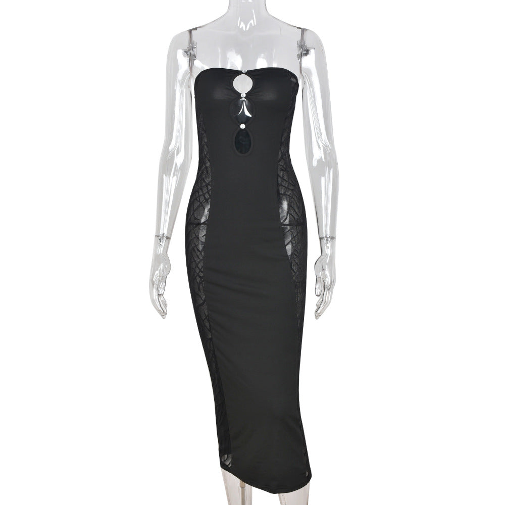 Summer Clothing Mesh See-through Off-the-shoulder Pullover Bandeau Maxi Dress
