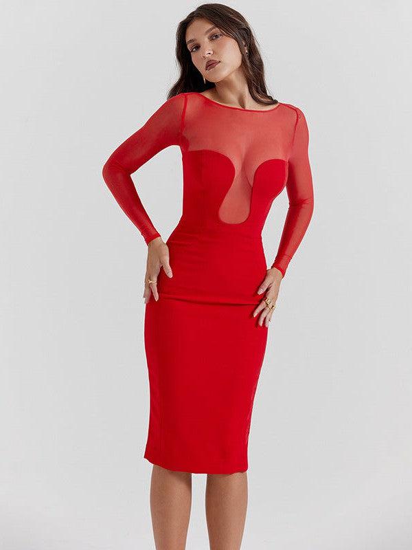 See Through Round Neck High Waist Midi Dress
