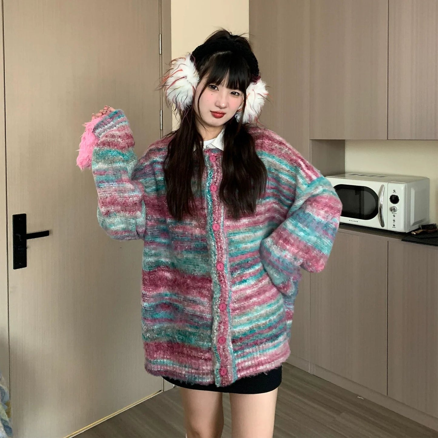Oversized Fuzzy Striped Button-up Cardigan
