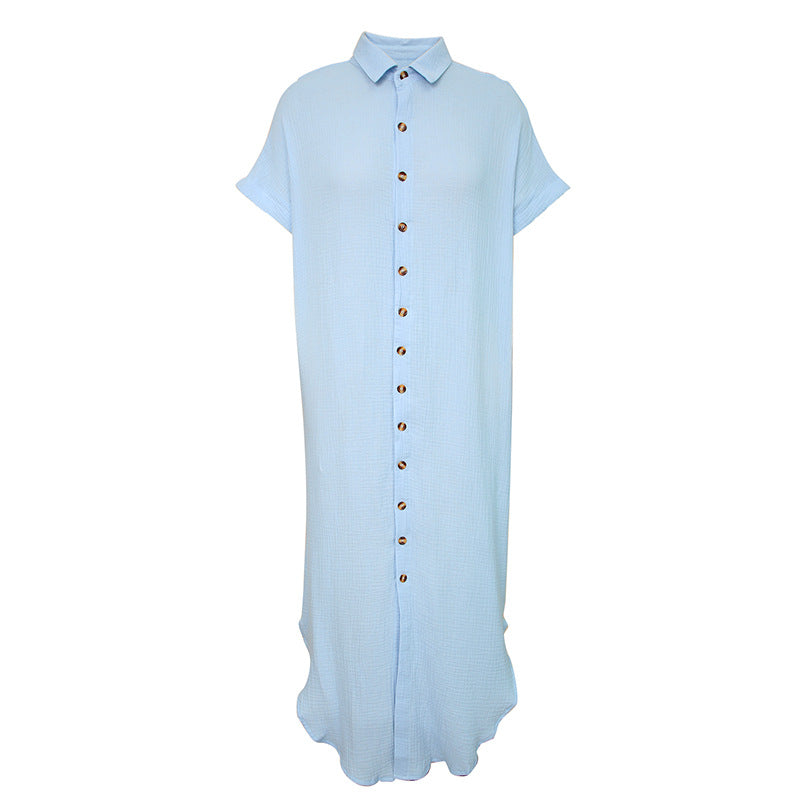Color Shirt Simple Summer Long V-neck Single Breasted Short Sleeve Cardigan Shirt