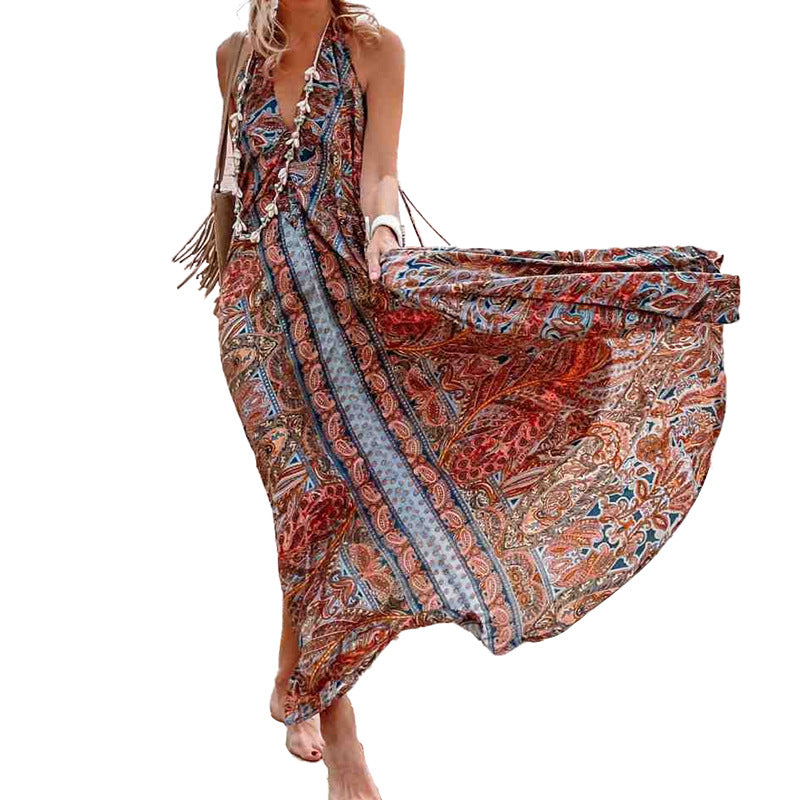 Clothing Spring Summer Arrival Printing V-neck Halter Maxi Dress