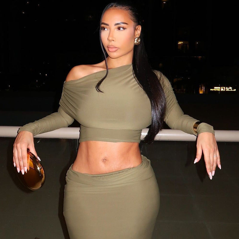 Clothing Comfort Color Cropped Skirt Set Maxi Dress Long Sleeve Diagonal Collar Two Piece Set