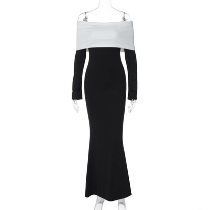 Clothing Autumn Winter Contrast Color Off Shoulder Long Sleeve Waist Slimming Maxi Dress