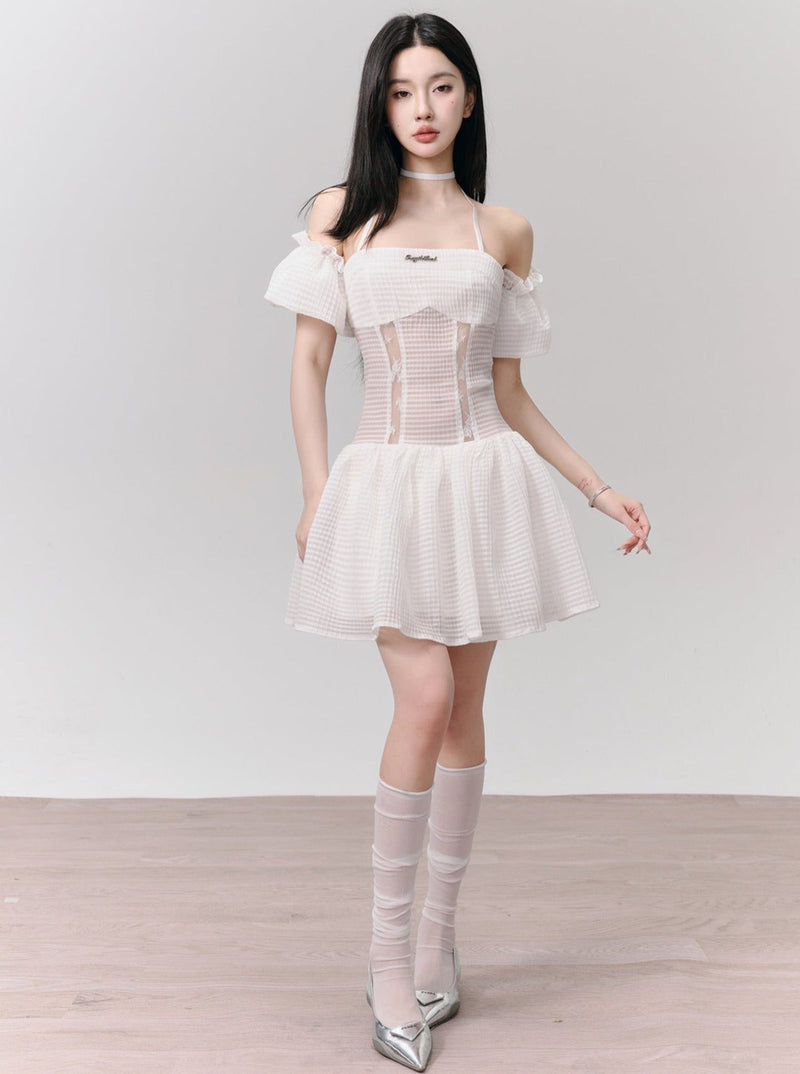White Eyelet Lace Off-shoulder Mini Dress With Choker Neck Detail