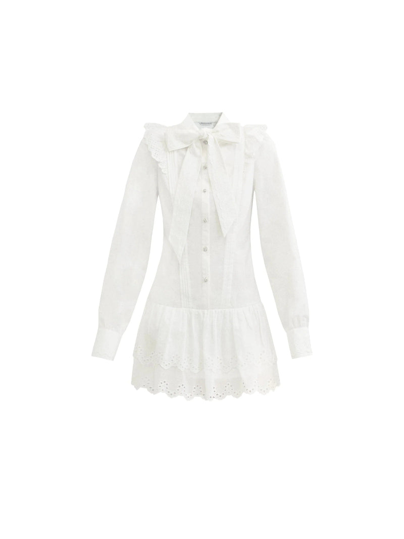 Romantic White Lace Mini Dress With Bow Tie Collar and Scalloped Hem