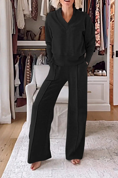 Autumn V Neck Long Sleeve Loose Top Wide Leg Pants Two Piece Set