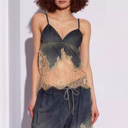 Personality Denim Two Piece Set Summer Drag Sister Lace Stitching Soft Surface Denim Suspender Shorts Sets