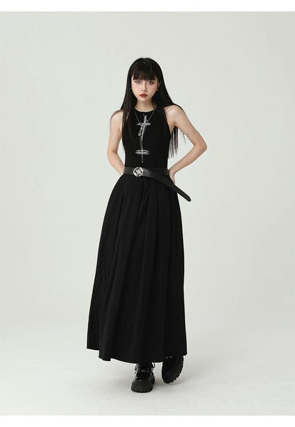 Ladyghost Gothic Sleeveless Maxi Dress - Black A-line Gown With Cross Pendant and Pentagram Belt