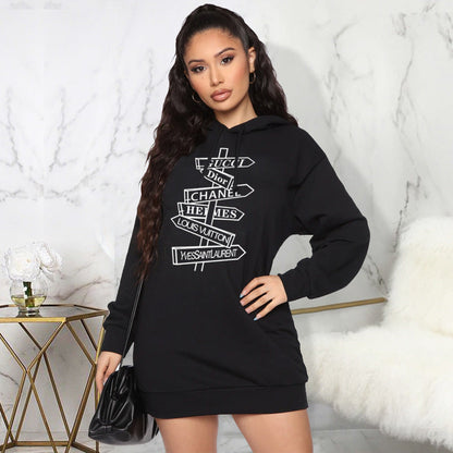 Sweater Autumn Winter Printing Hooded Mid Length Top