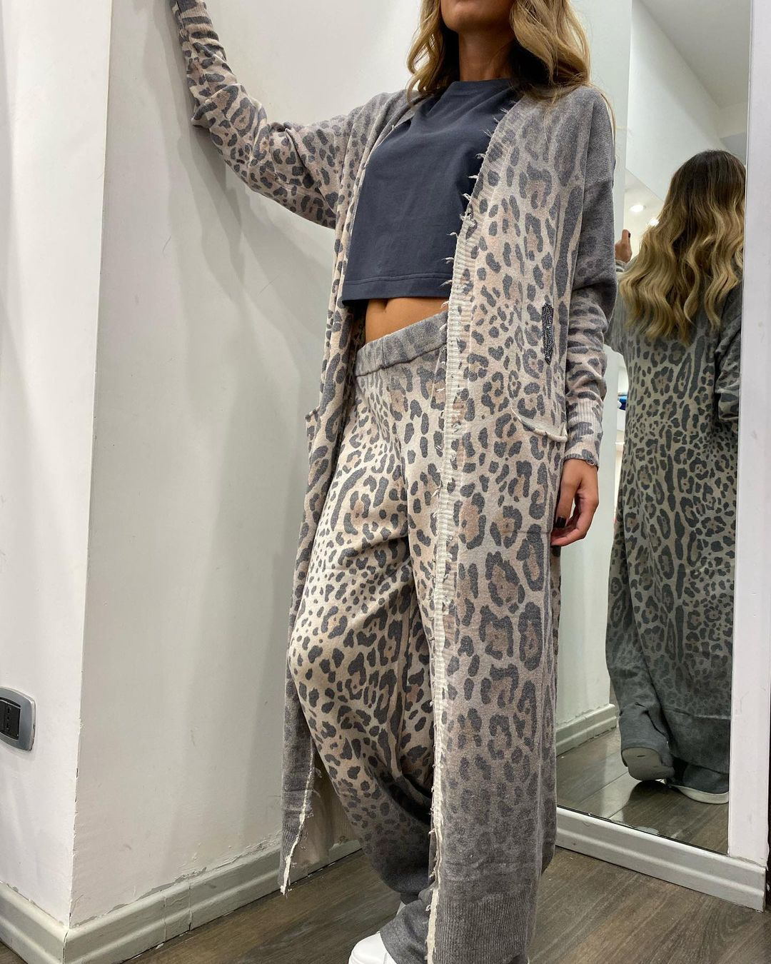 Spring Leopard Print Long Sleeve Cardigan Trousers Suit Two Piece Set for