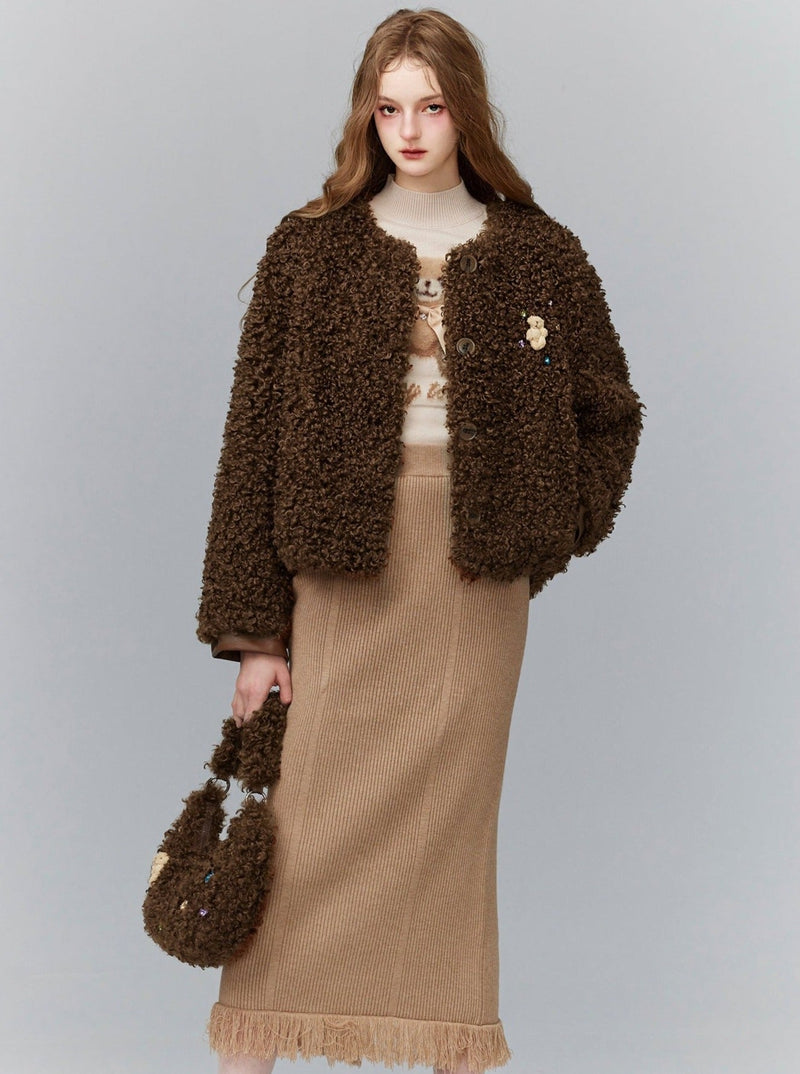 Cozy Teddy Bear Cardigan: Plush Textured Cropped Jacket With Charming Embroidered Details