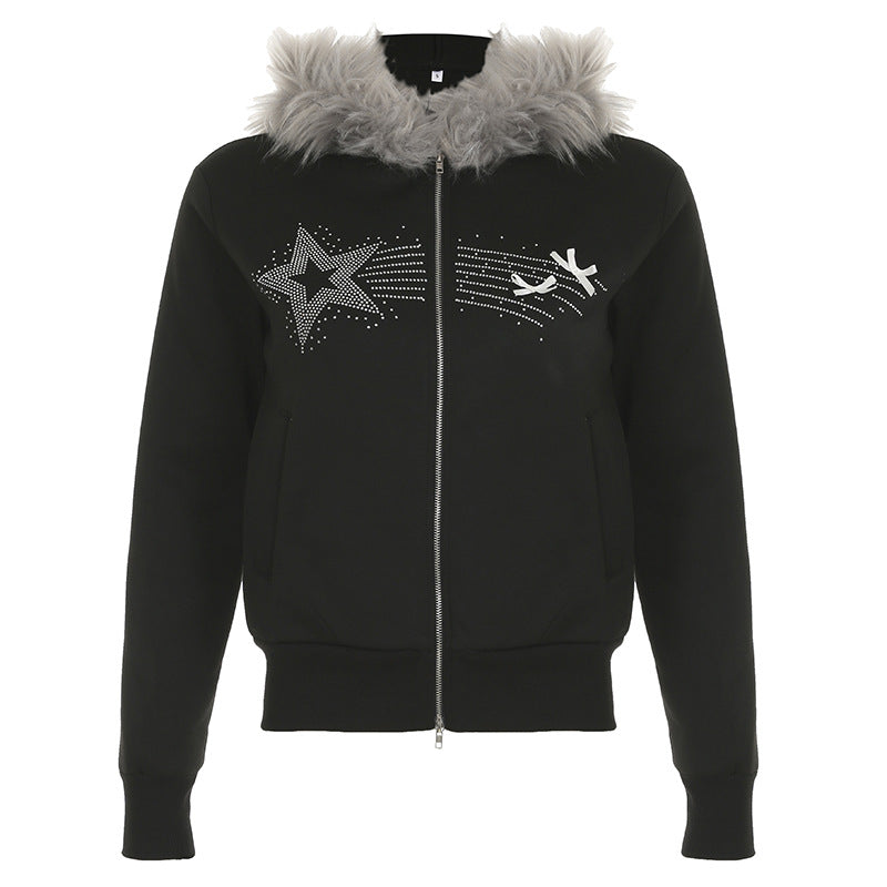 Retro Five Pointed Star Element Printing Fur Collar Coat Slim Pocket Stitching Double Headed Zipper Autumn Winter Sweatshirt