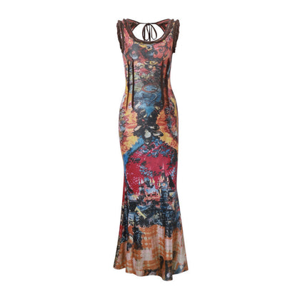 Clothing Summer Retro Tie Dyed Printed U Collar Slim Dress Maxi Dress