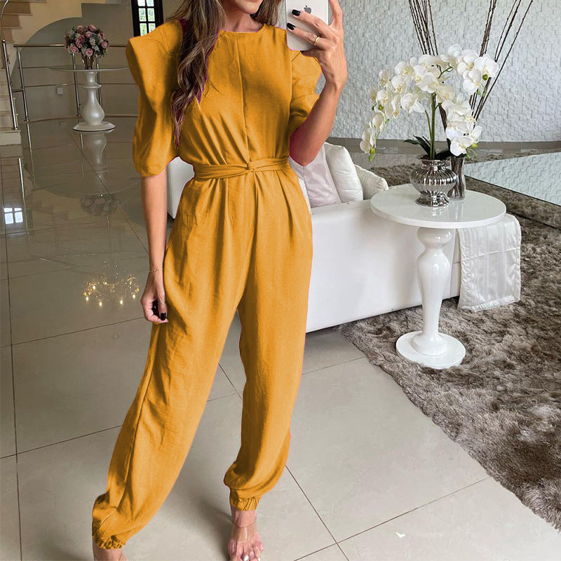 Spring Crew Neck Half Sleeve Color Skinny Jumpsuit