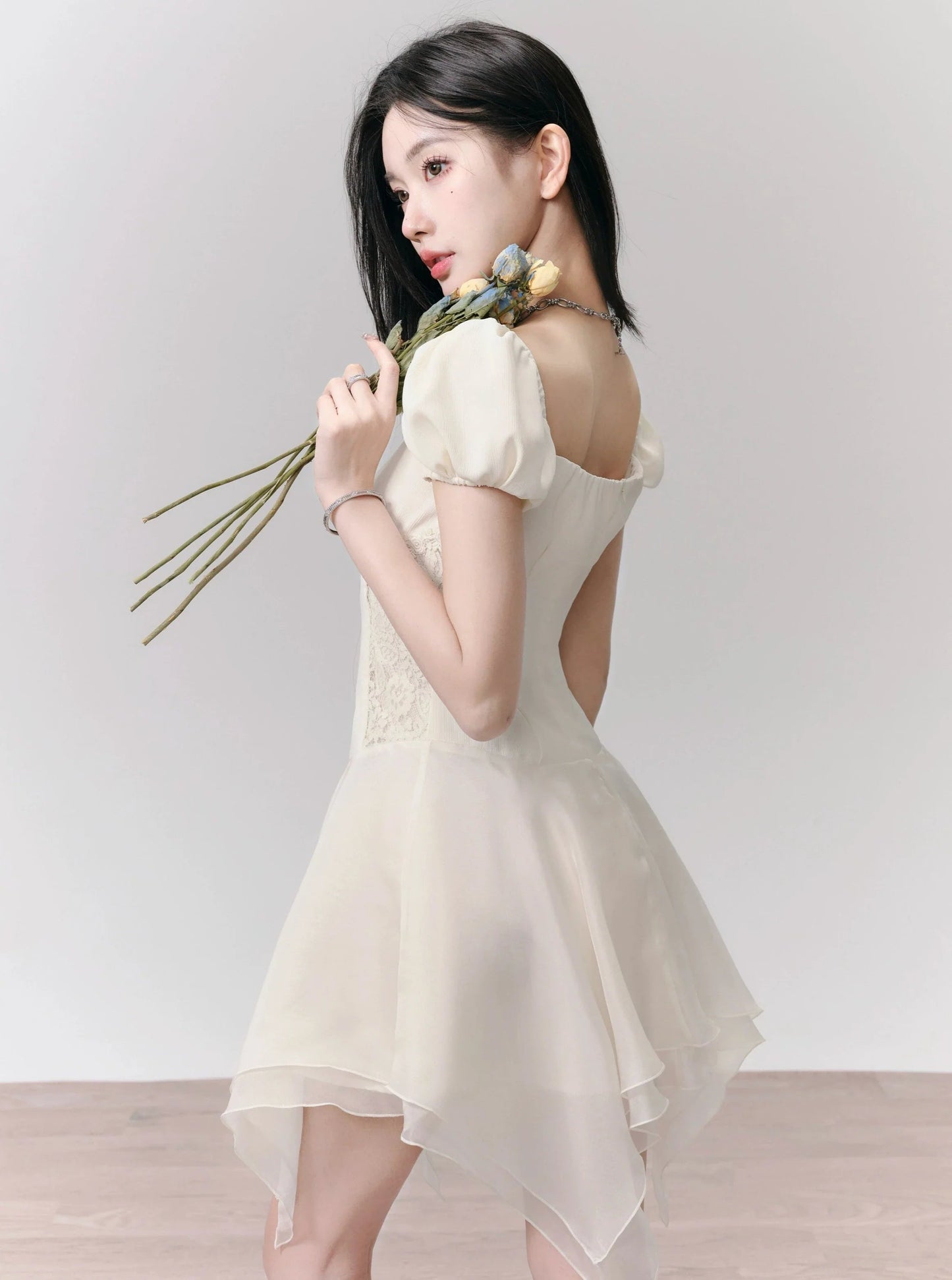 Romantic White Puff Sleeve Mini Dress - Corset-style Bodice With Handkerchief Hem