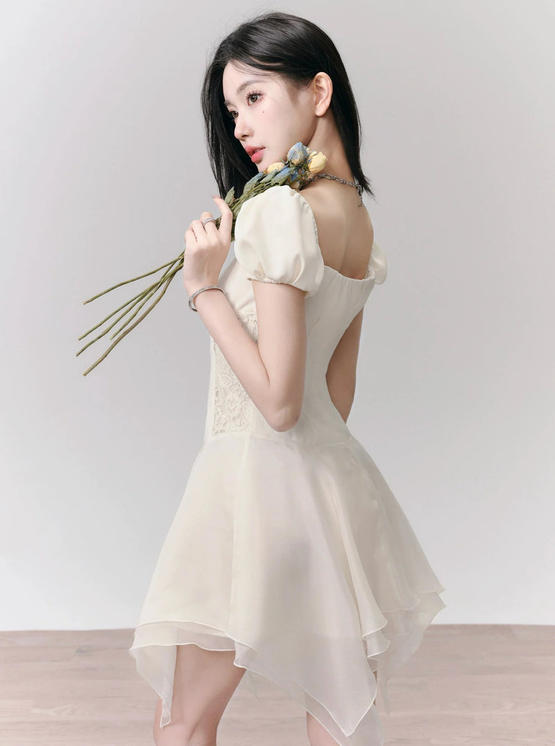 Romantic White Puff Sleeve Mini Dress - Corset-style Bodice With Handkerchief Hem