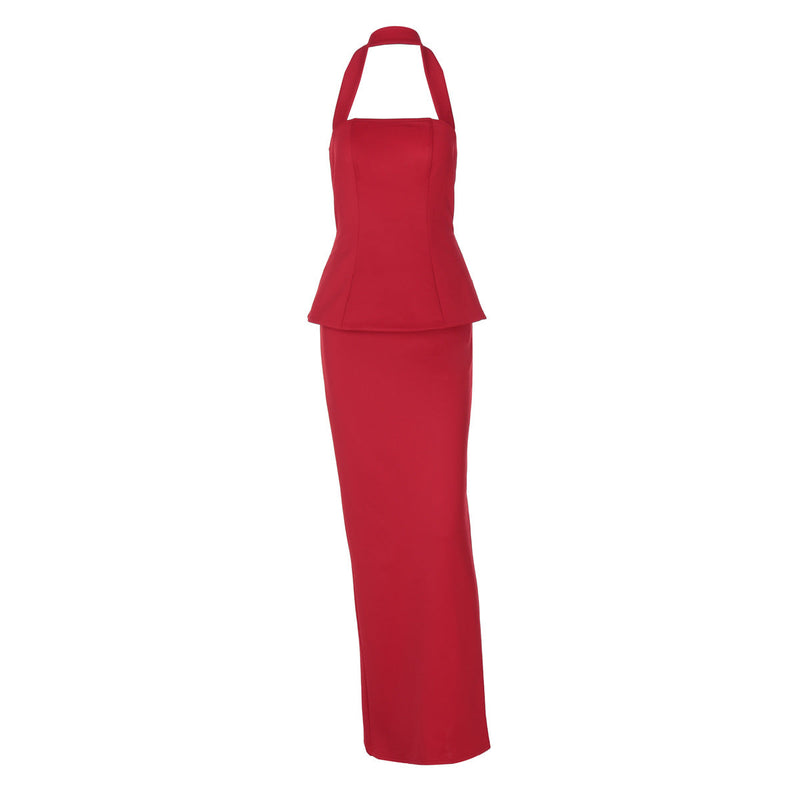 Spring Color Halter Top Backless Slim Fit Maxi Dress Two Piece Set