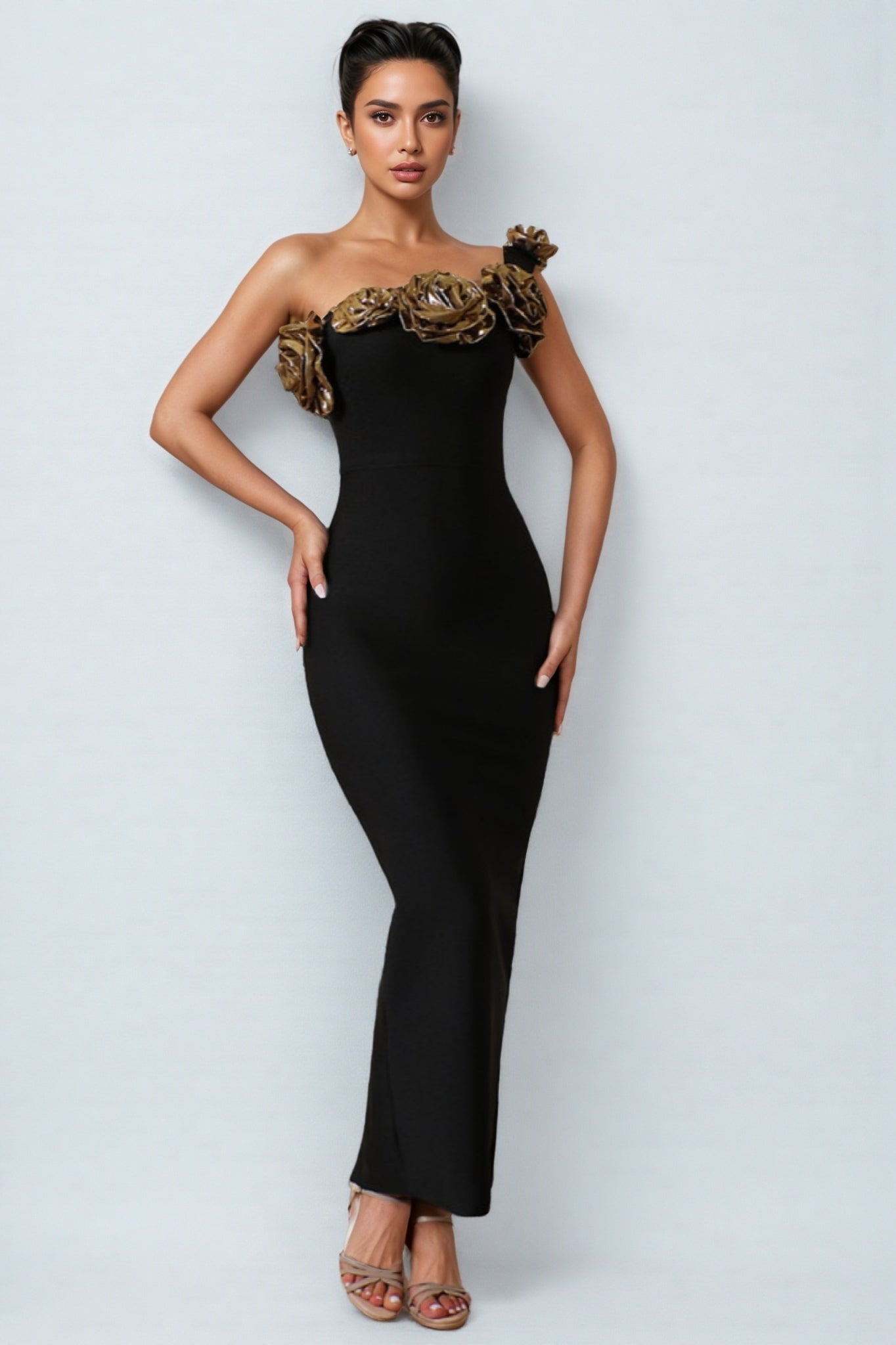 Omi One Shoulder Flowers Bandage Midi Dress