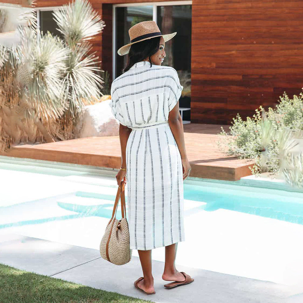 Summer Striped Short-sleeved Cardigan Single-breasted Shirtdress