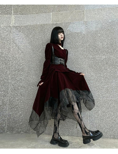 Ladyghost Gothic Victorian Maxi Dress - Burgundy Velvet and Black Mesh Layered Gown With Corset Belt