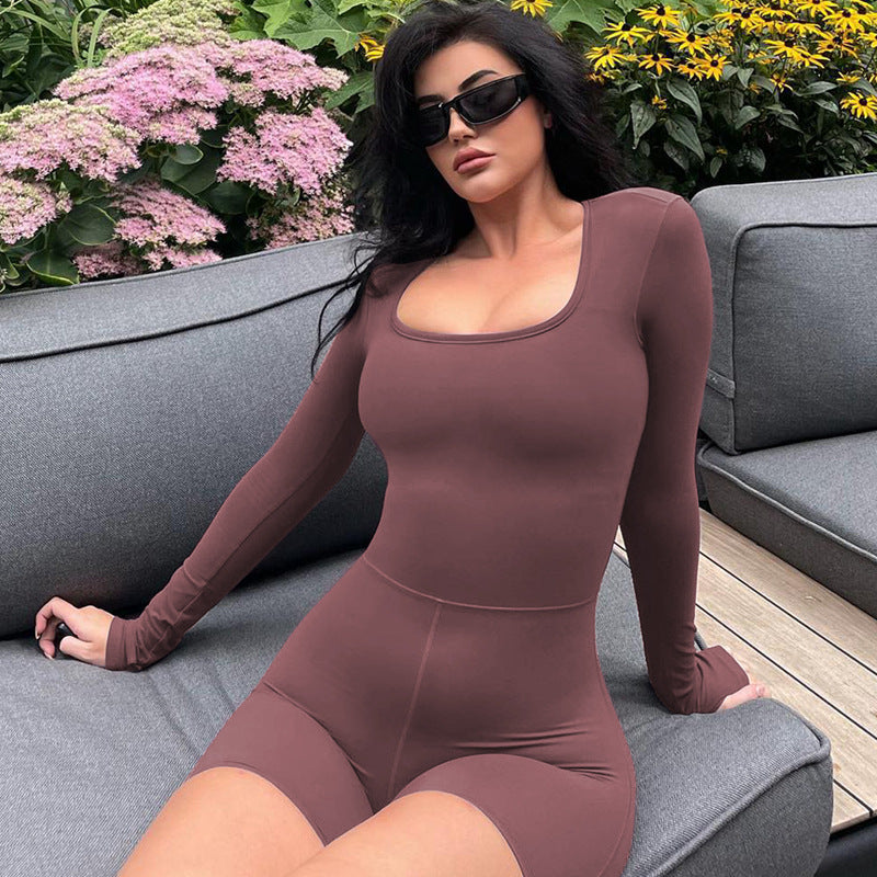 Clothing Autumn Winter Long Sleeve U Collar Hollow Out Cutout High Waist Hip Lifting Sport Yoga Jumpsuit