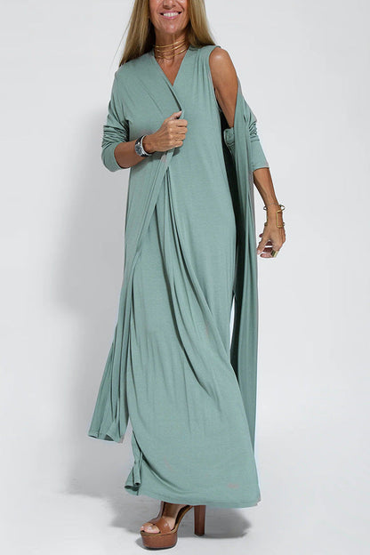 Color Pullover V Neck Dress Cardigan Coat Set