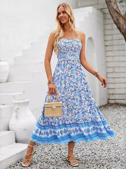Print Smocked Chest Halter Neck Maxi Dress