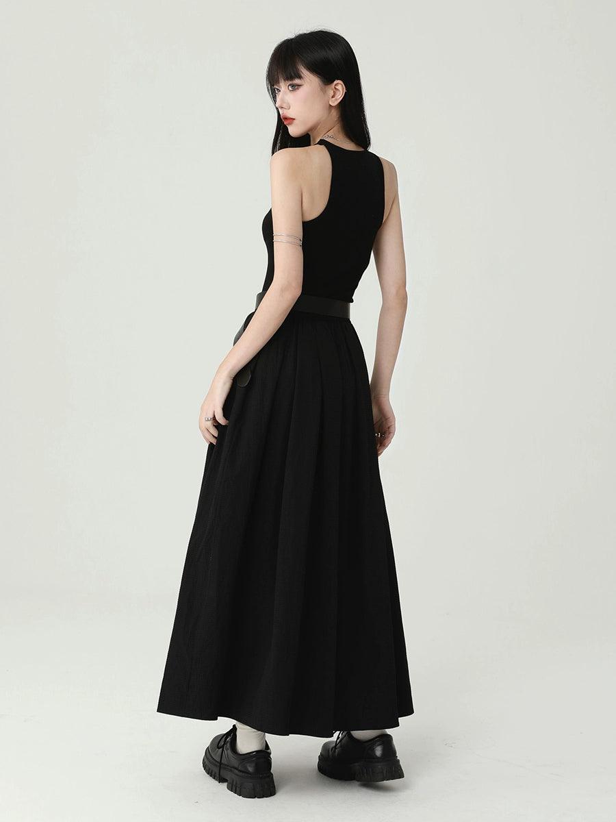 Ladyghost Gothic Sleeveless Maxi Dress - Black A-line Gown With Cross Pendant and Pentagram Belt