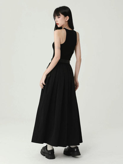 Ladyghost Gothic Sleeveless Maxi Dress - Black A-line Gown With Cross Pendant and Pentagram Belt